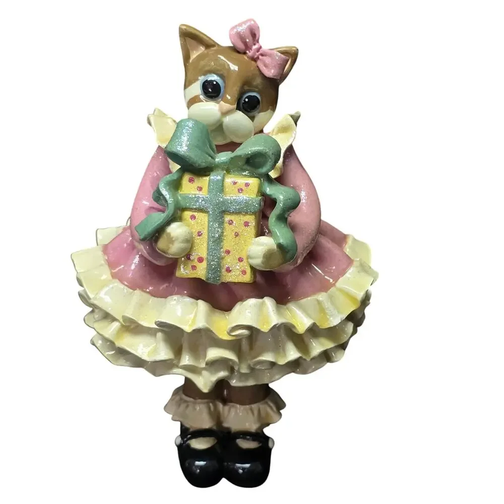 Donna Little Dressed Up Kitty Cat Holding Present Collectible Figurine